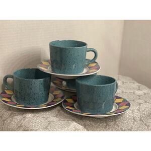 Signature Stoneware Japan 4 Vintage Blue Turquoise Cups and Saucers Diamond